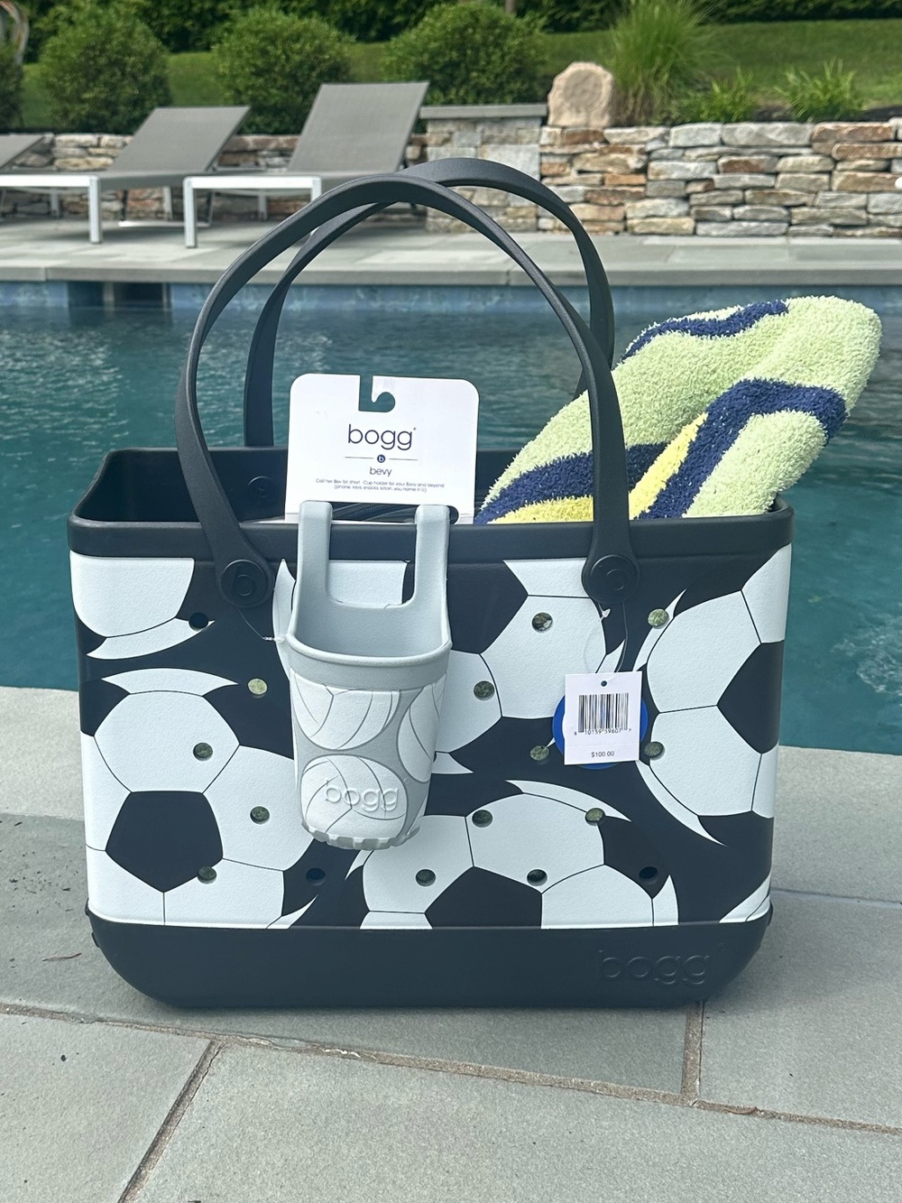 New Original Bogg Bag “Lets Kick It” Soccer Print Tote in Black & White